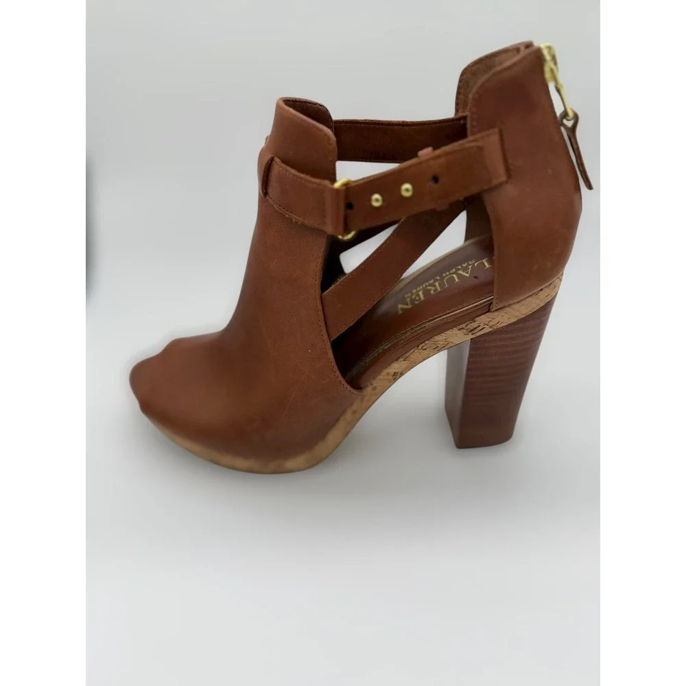 Lauren Ralph Lauren Brown Leather Peep Toe Cutout‎ Block Heel Booties Cognac